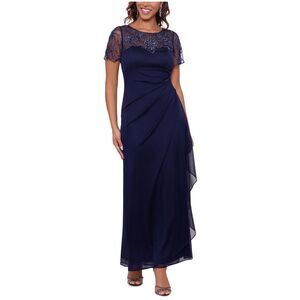 XSCAPE Womens Long Sheer Matte Jersey Side Ruched Gown Dress, NWT